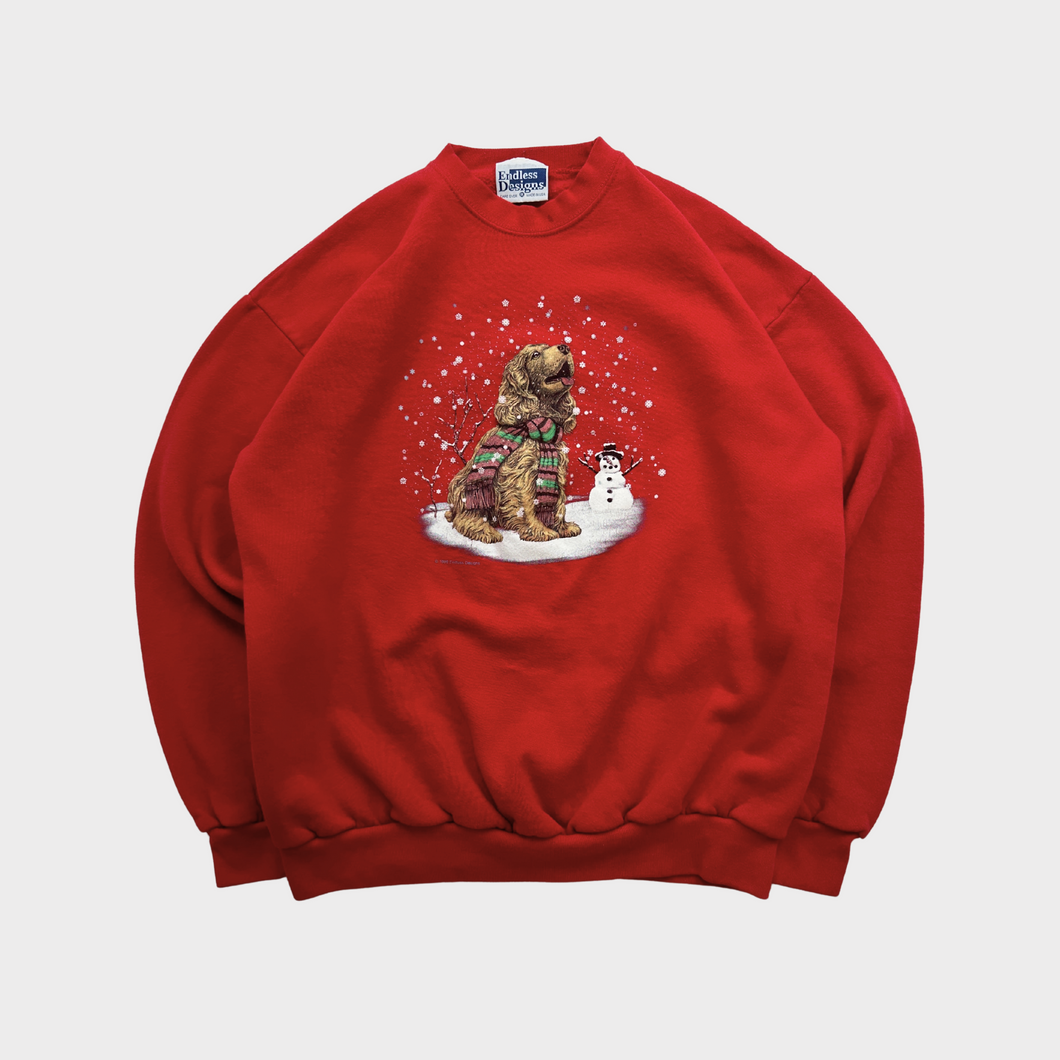 Vintage 90s Gold Retriever Puppy Winter Wonderland Snow Graphic Crewneck Sweatshirt