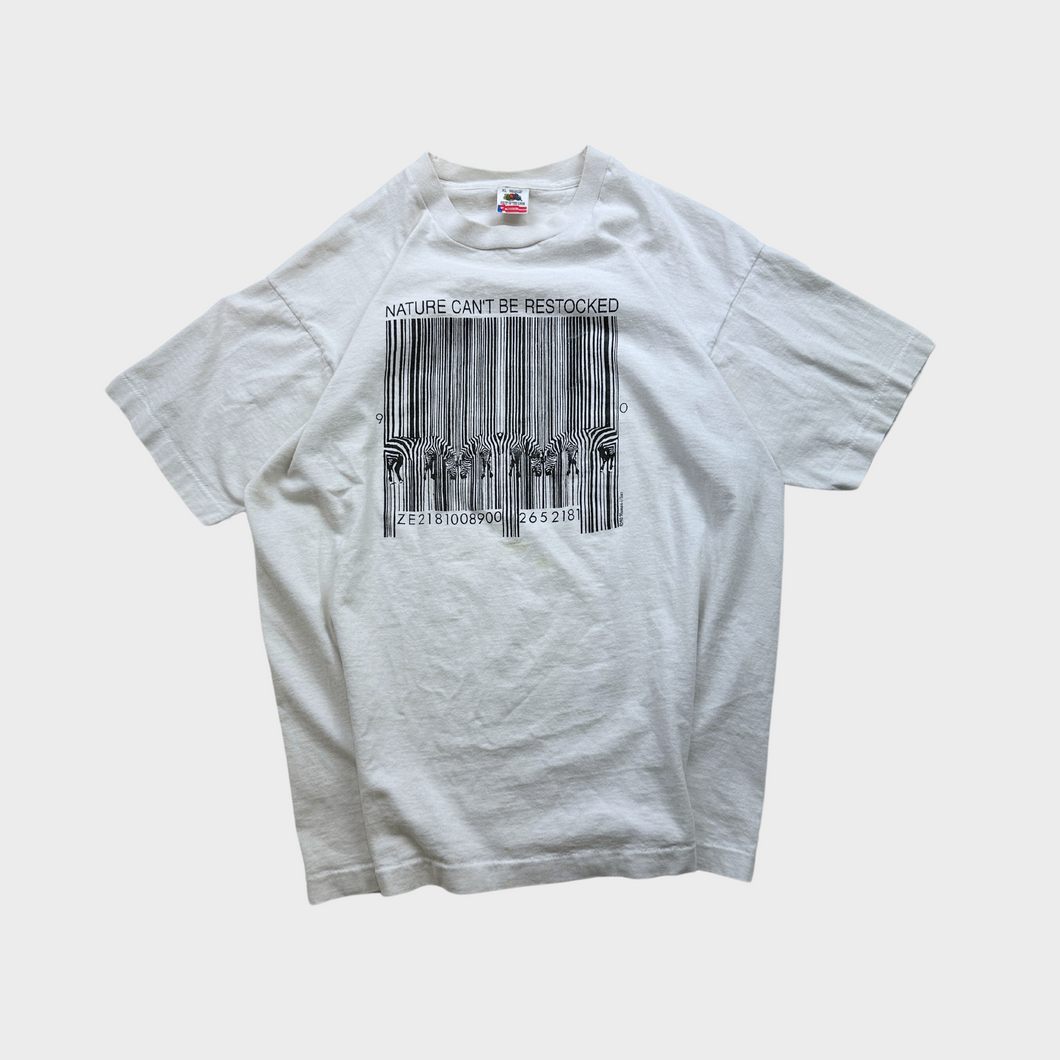 Vintage 90s Nature Can't Be Restocked Zebra Barcode Human T-Shirt
