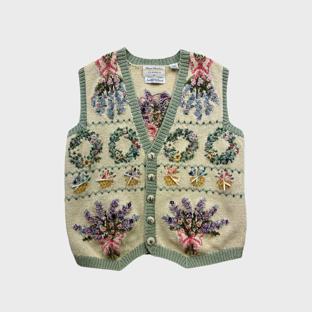 Vintage 90s Hand Knit Coquette Floral Pastel Knit Sweater Vest